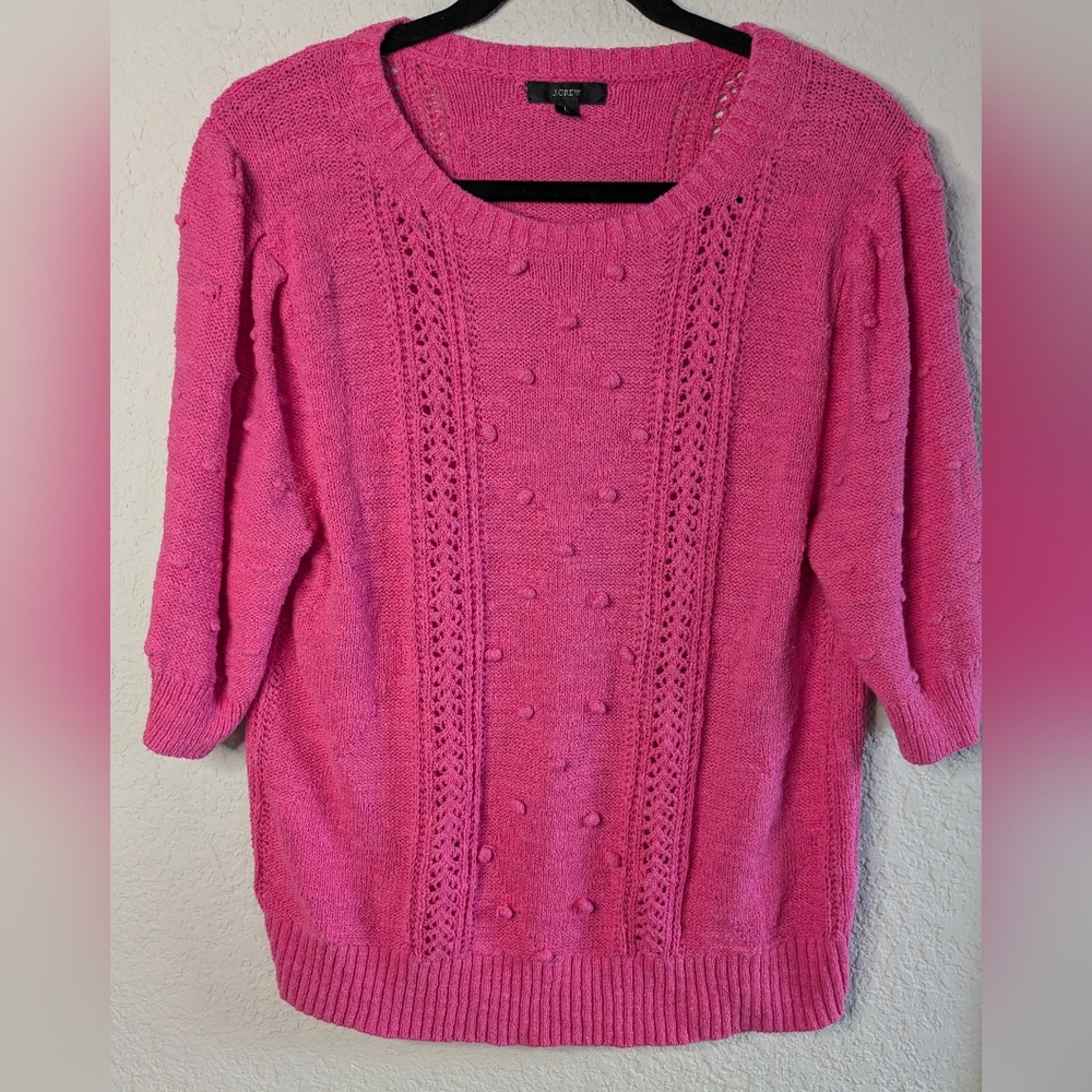 J. Crew Knit Crochet Sweater L Short Sleeve Pink L Knot Detail Excellent Barbie